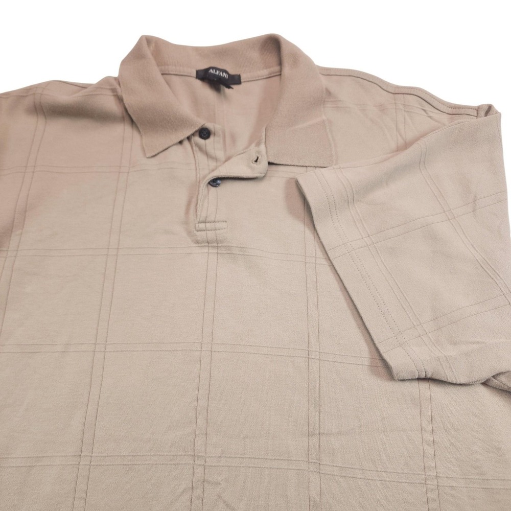 Alfani‎ Mens 2XL Beige Plaid Cotton Knit Polo Shirt Short Sleeve Casual XXL